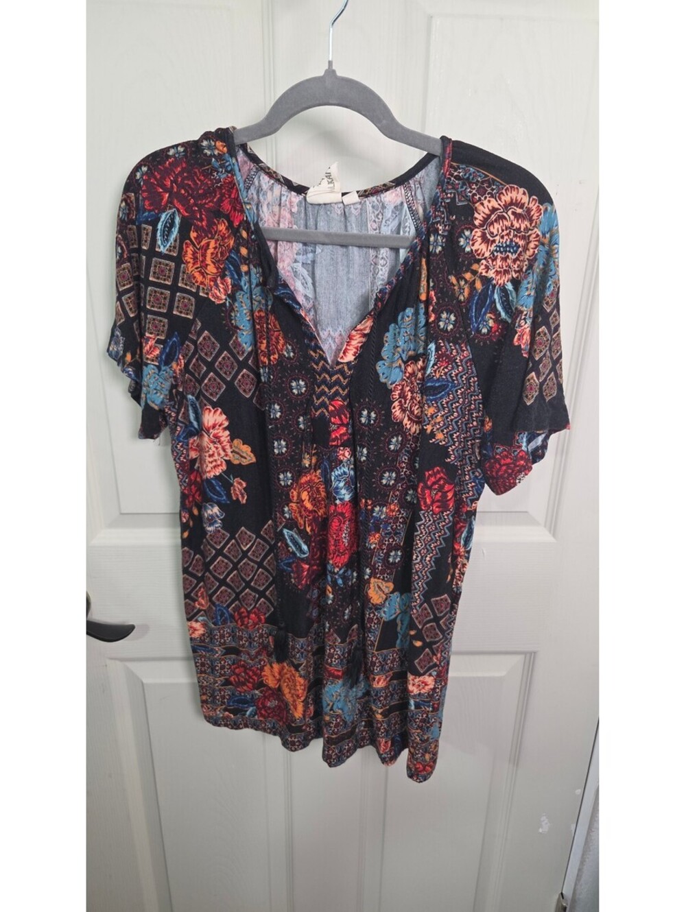 Alkamy Women’s Large Boho Floral Patchwork Tunic Top Black Multicolor